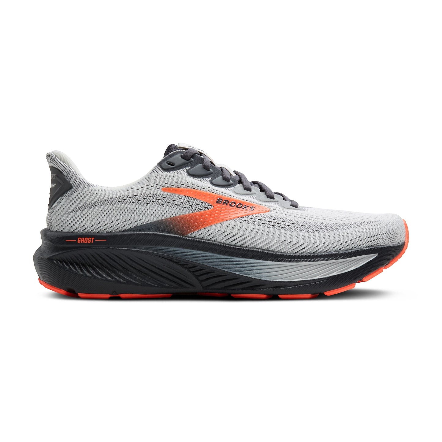 Allen's Bootery Brooks Ghost 17 neutral road running shoe in oyster mushroom, orange, and ebony with cushioned midsole.