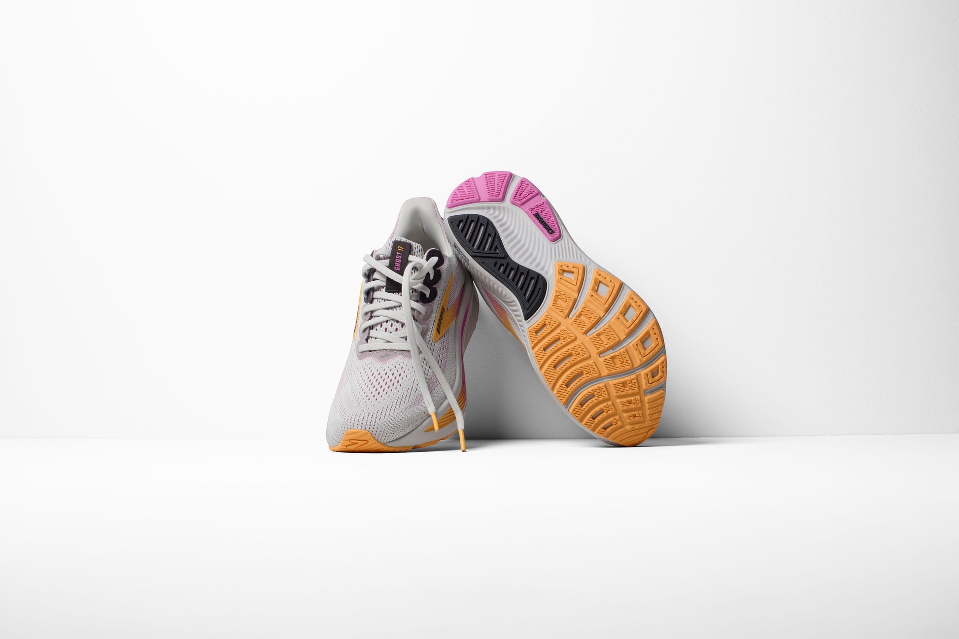 Allen's Bootery Brooks Ghost 17 women's neutral road running shoes in oyster grey, apricot, and pink with cushioned sole