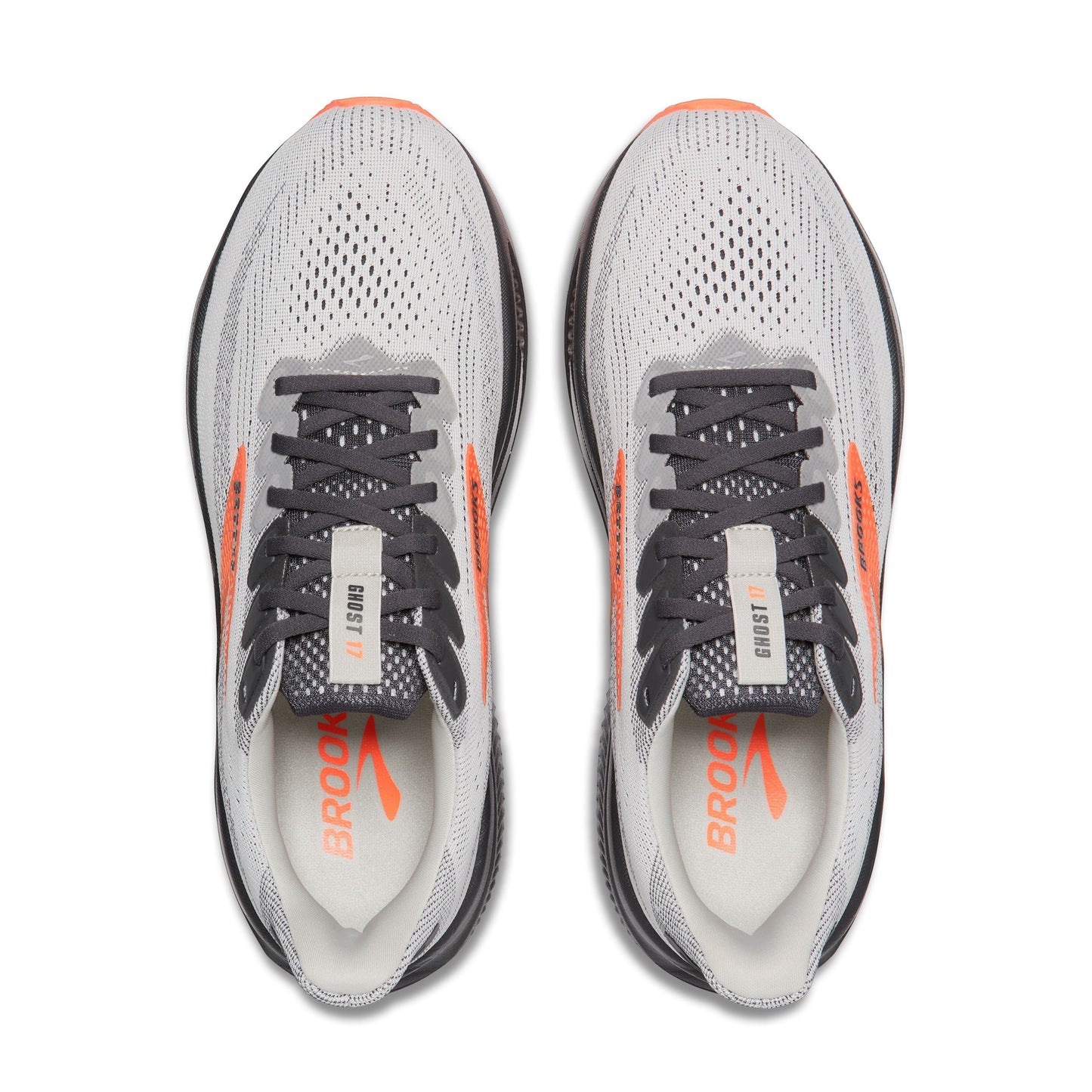 Allen's Bootery Brooks Ghost 17 neutral running shoes in oyster mushroom, orange, and ebony, top view.