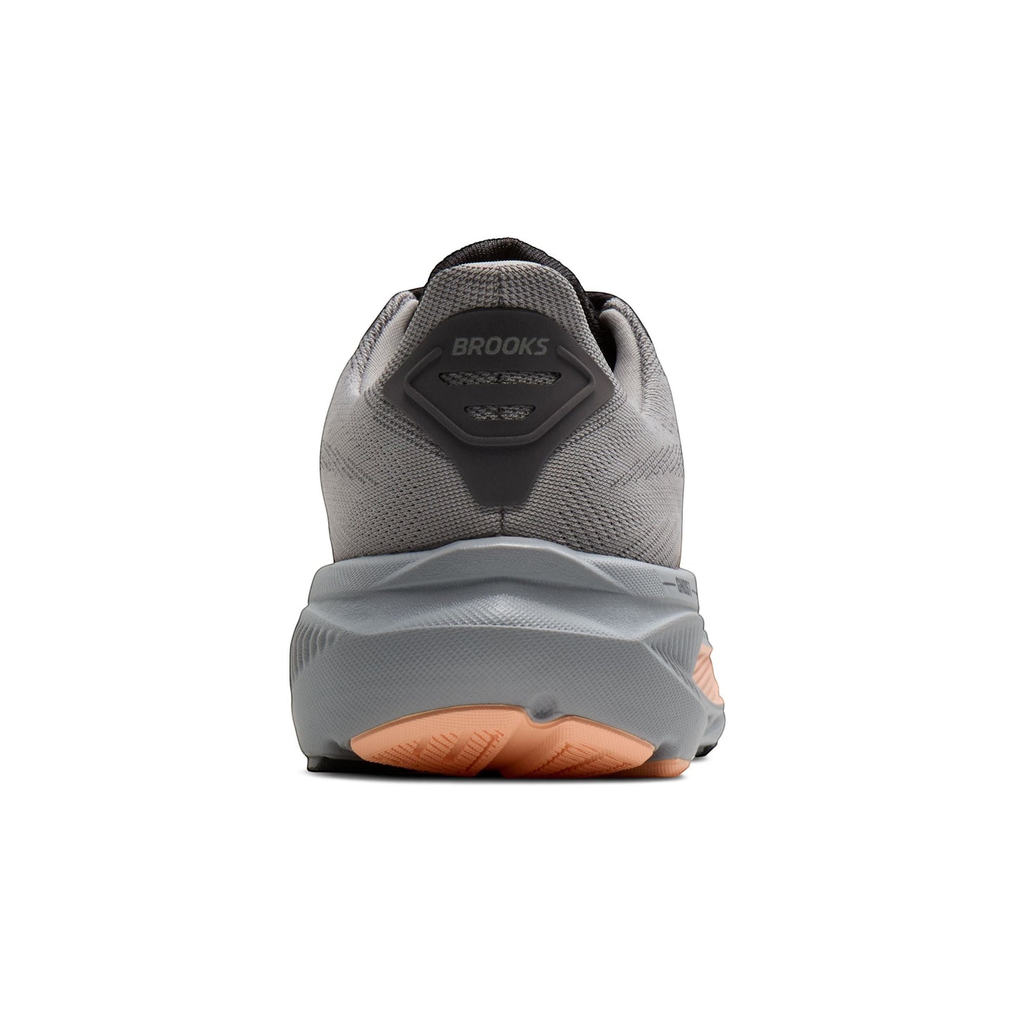 Allen's Bootery Women's Ghost 17 neutral road running shoes in alloy, blackened pearl, and peach. Features updated structured upper and enhanced cushioning.