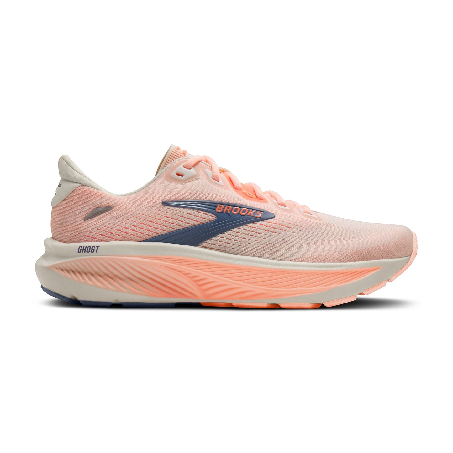 Allen's Bootery W Ghost 18 women's running shoe in star white, cyber peach, and grey with mesh upper and cushioned sole.