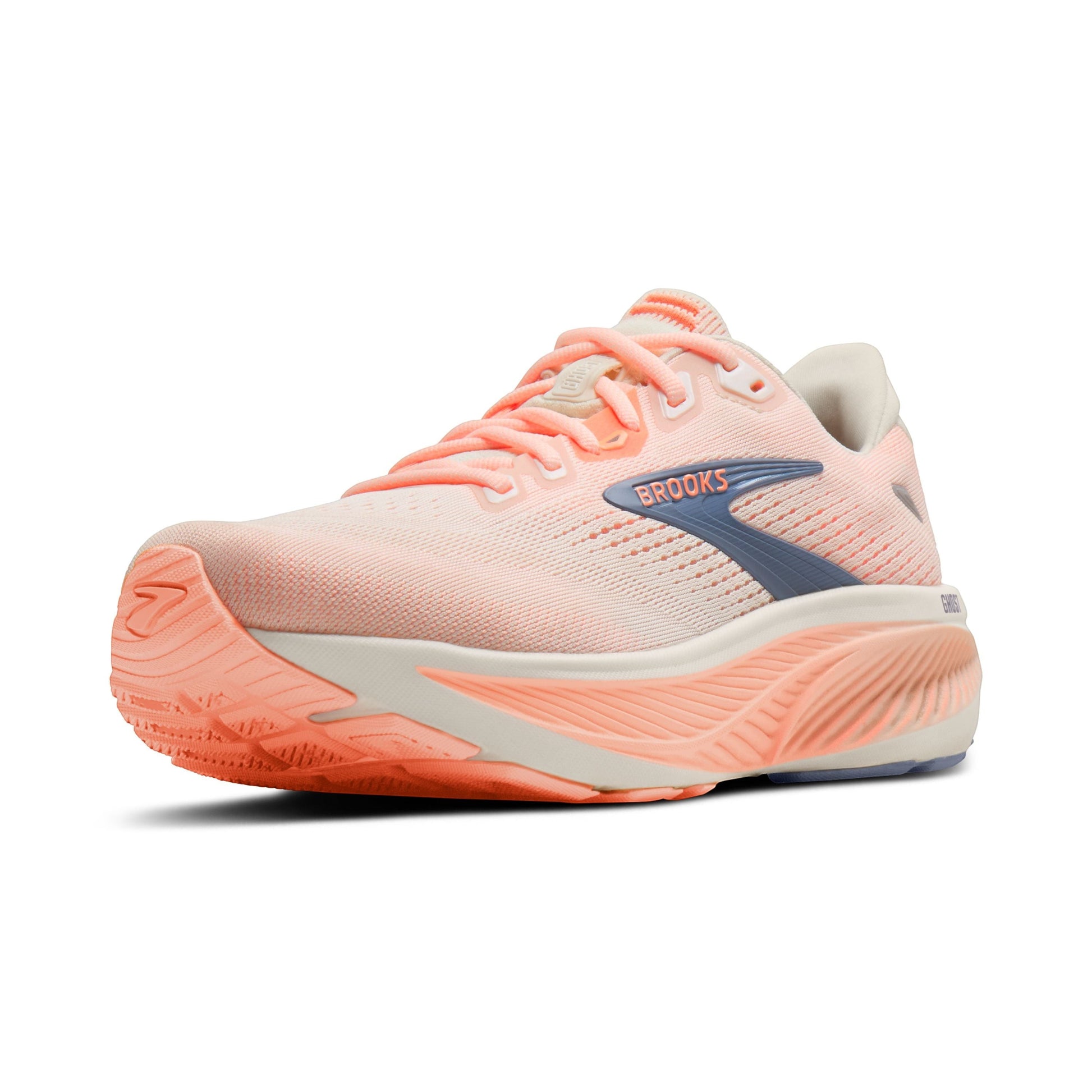 Allen's Bootery W Ghost 18 women's running shoe in star white, cyber peach, and grey with a breathable mesh upper and cushioned sole.