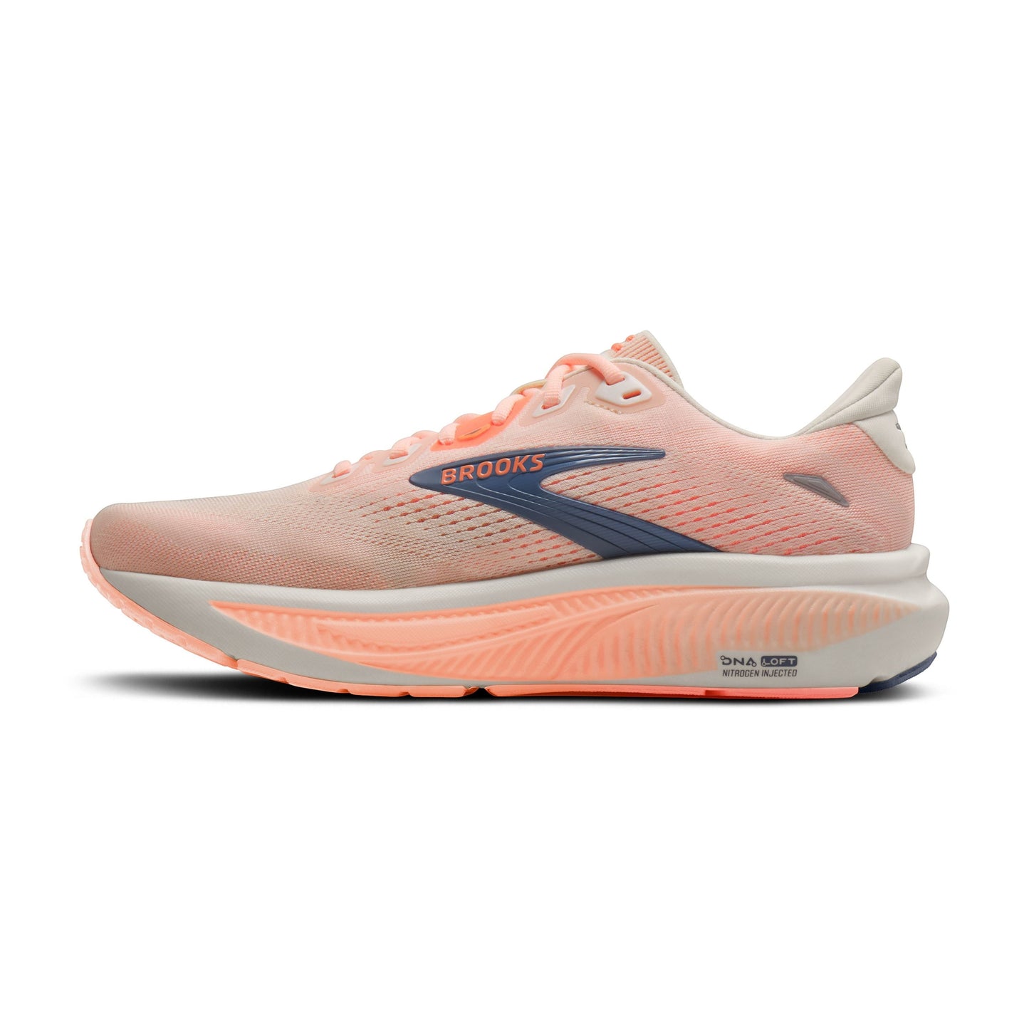 Allen's Bootery W Ghost 18 women's running shoe in star white, cyber peach, and grey mesh with navy blue accents.