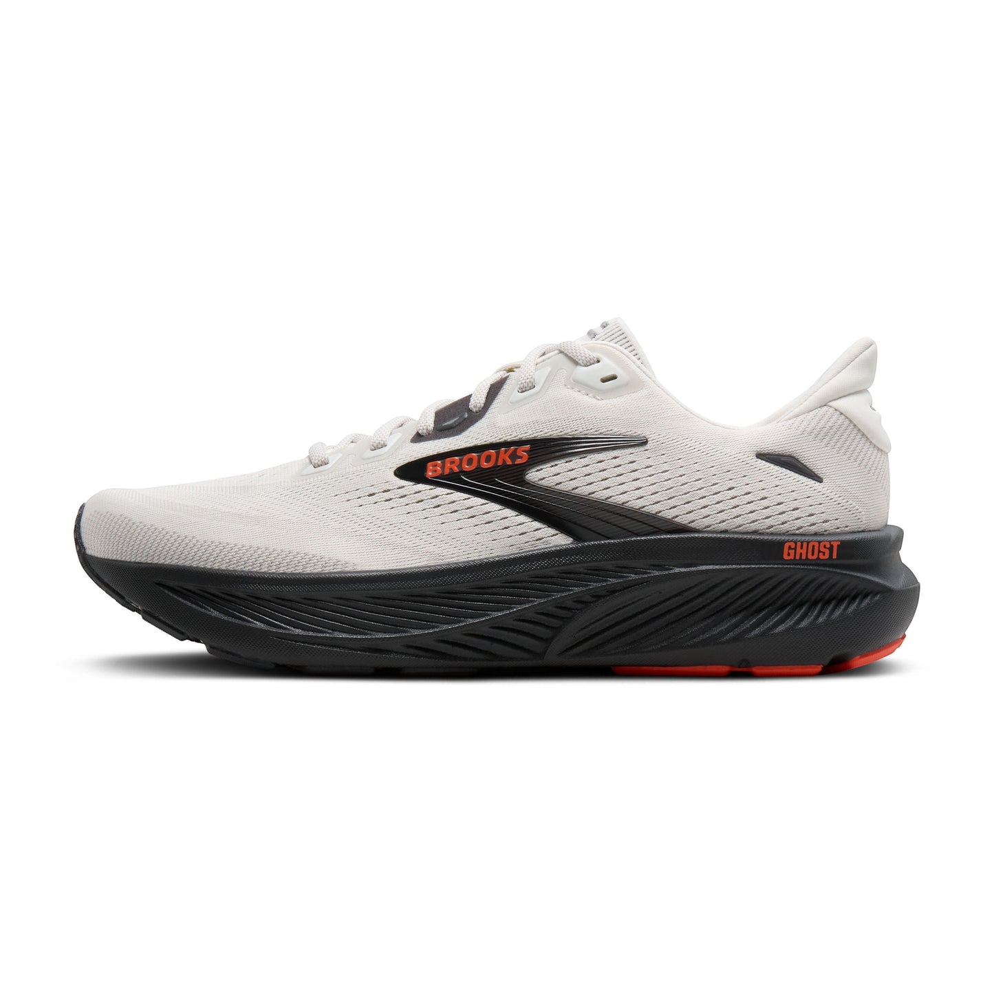 Allen's Bootery Brooks Ghost 18 men's road running shoe in coconut, pearl, and tigerlily with a black rubber outsole.