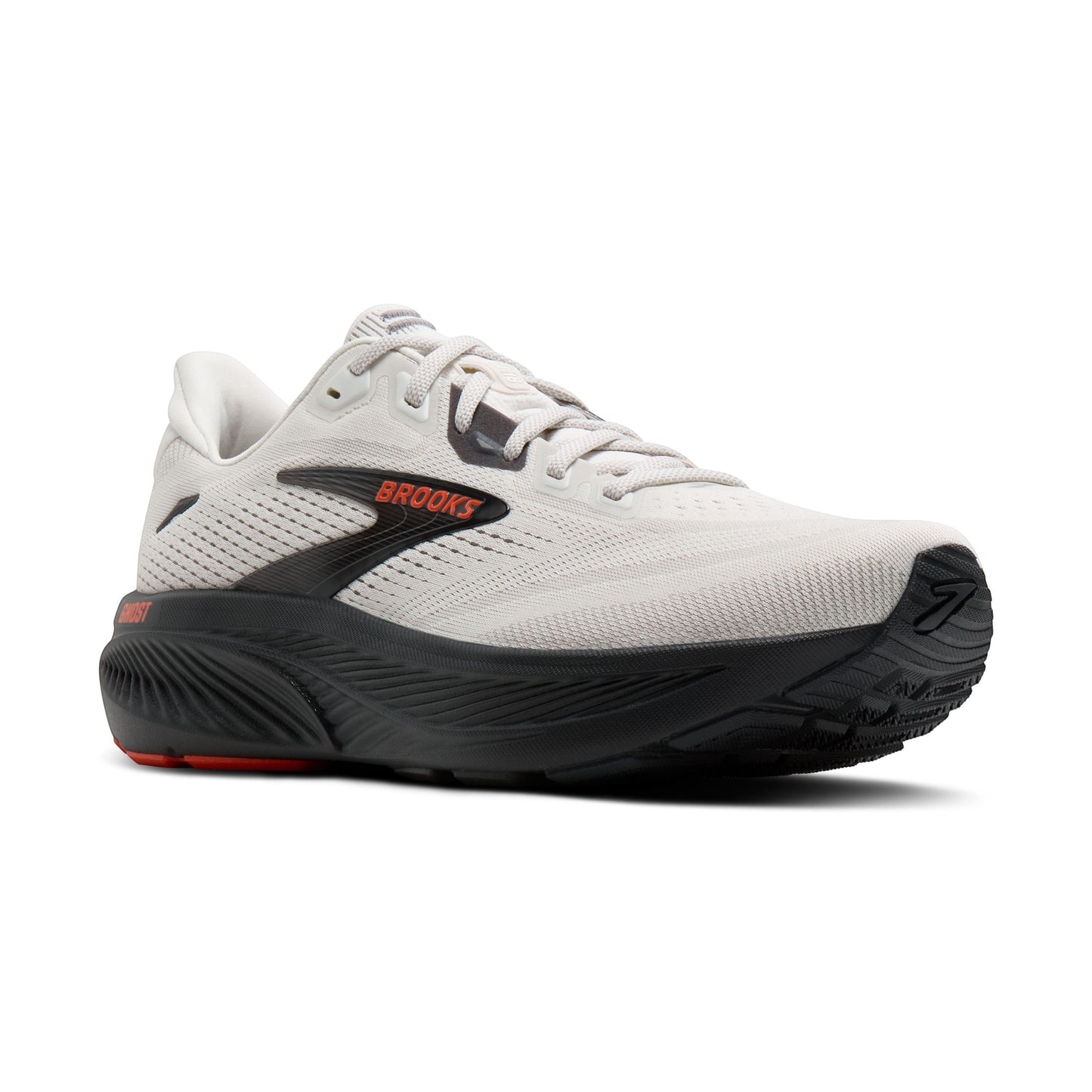 Allen's Bootery Brooks Ghost 18 men's road-running shoe in coconut, pearl, and tigerlily with a black rubber outsole.