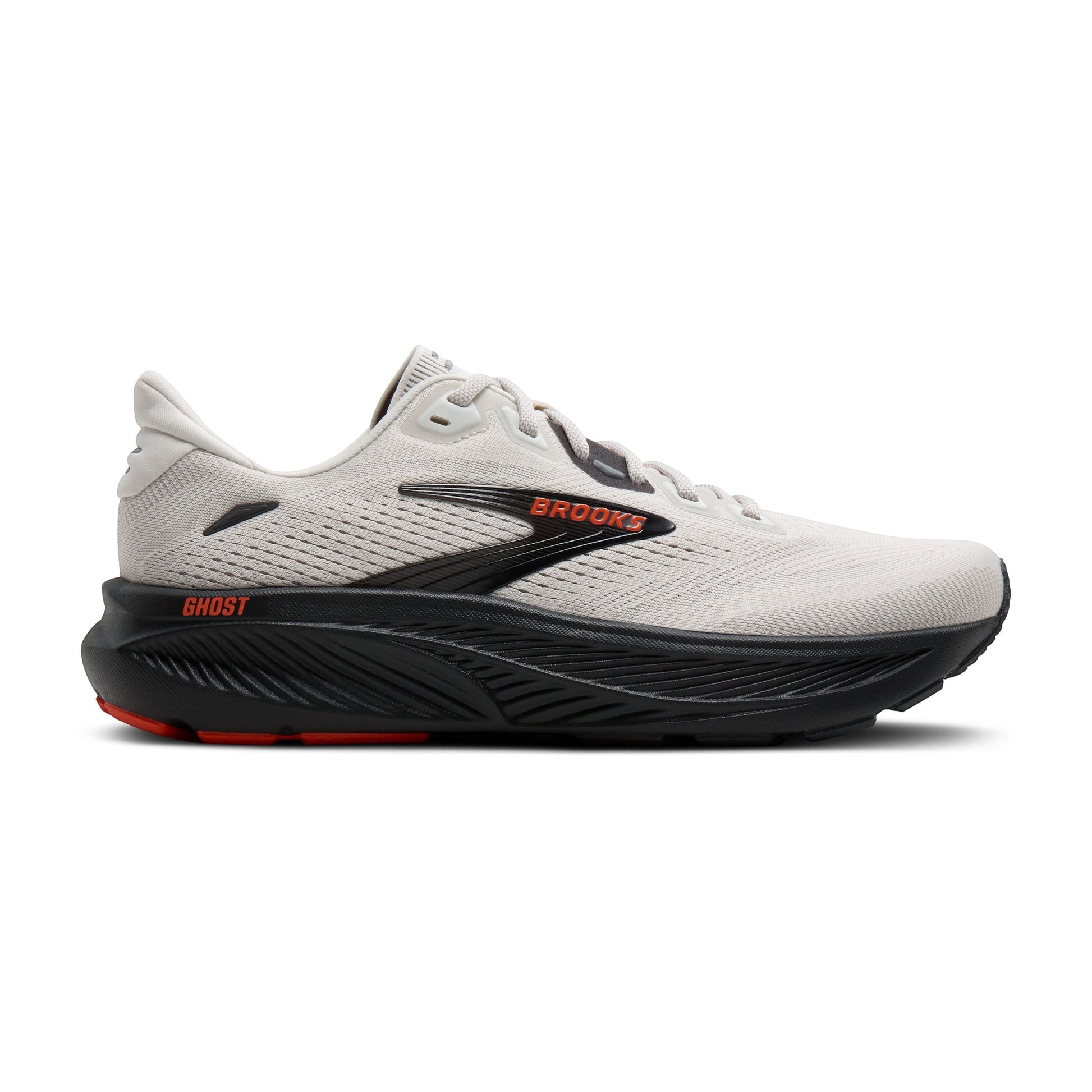 Allen's Bootery Brooks Ghost 18 men's road running shoe in coconut, pearl, and tigerlily with a black cushioned sole.