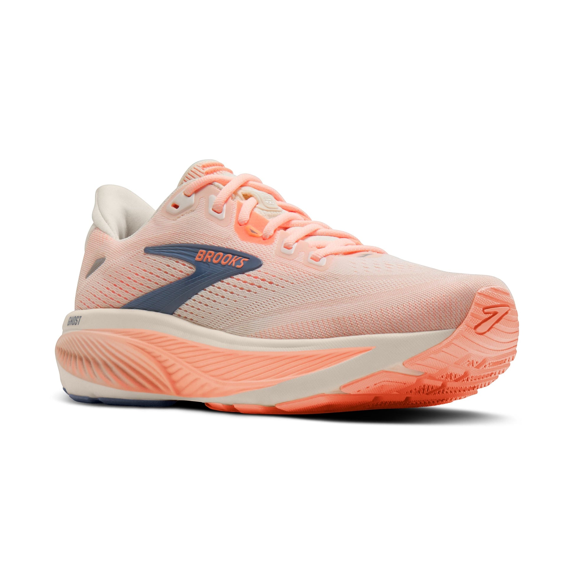 Allen's Bootery W Ghost 18 women's running shoe in star white, cyber peach, and grey with a mesh upper and cushioned sole.