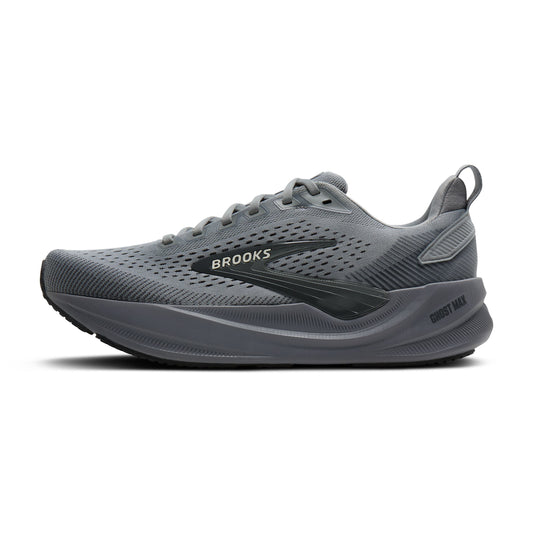 Allen's Bootery Brooks Ghost Max 4 men's running shoe in grey with rocker sole and breathable mesh upper