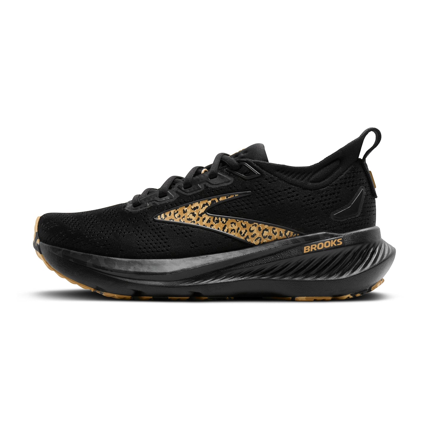 Allen's Bootery Women's black Brooks Glycerin 23 running shoes with leopard print accents and a gum sole.