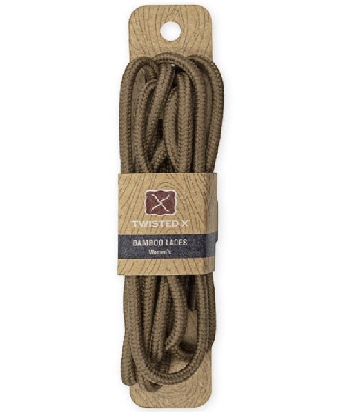 Allen's Bootery 32-inch brown bamboo shoelaces for Twisted X shoes on a branded cardboard display card