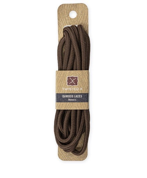 Allen's Bootery 32-inch brown bamboo shoelaces for Twisted X women's shoes on branded cardboard packaging.