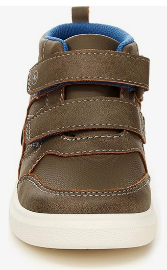 Allen's Bootery brown Cedric boots for little boys featuring hook and loop straps, blue lining, and white soles.