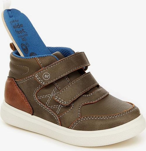 Allen's Bootery brown Cedric boots for little kids with hook and loop straps and a removable blue memory foam insole.
