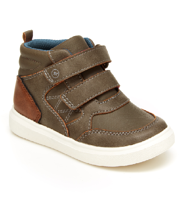 Allen's Bootery brown Cedric boots for little boys with hook and loop straps, memory foam, and white rubber soles.