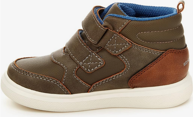 Allen's Bootery brown casual boots for little boys with hook and loop straps, blue lining, and white rubber soles.