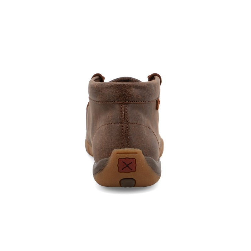 Allen's Bootery brown chukka boot viewed from the back, featuring a rubber sole and branded heel detail.