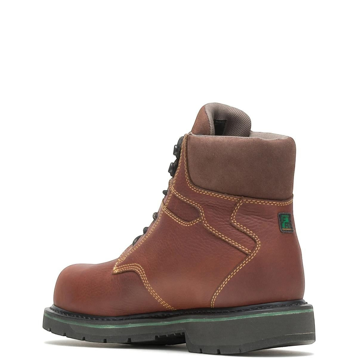 Allen's Bootery brown full-grain leather composite toe work boot with green accents and Goodyear Welt Construction.
