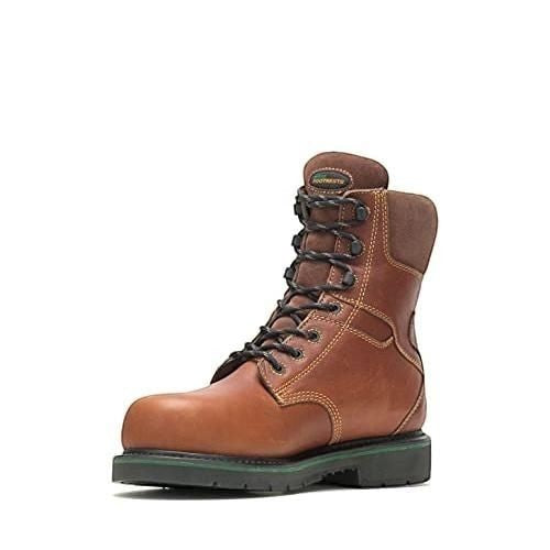 Allen's Bootery men's brown full-grain leather 8-inch composite toe work boots with black laces and green sole.