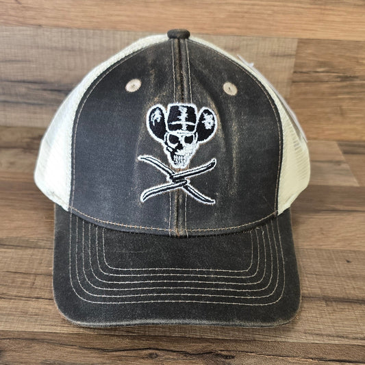 Allen's Bootery brown distressed mesh hat featuring a white embroidered skull and cowboy hat logo on the front.