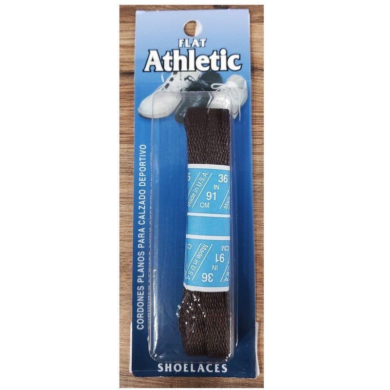 Allen's Bootery brown flat athletic shoe laces in original retail packaging, 36 inch length, made in the USA.
