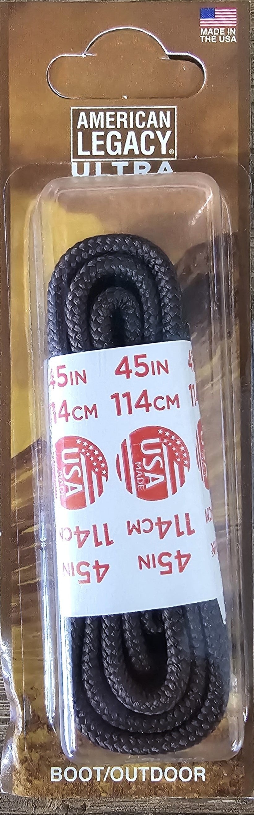 Allen's Bootery American Legacy Ultra 45-inch brown coreless hiker boot laces in retail packaging.
