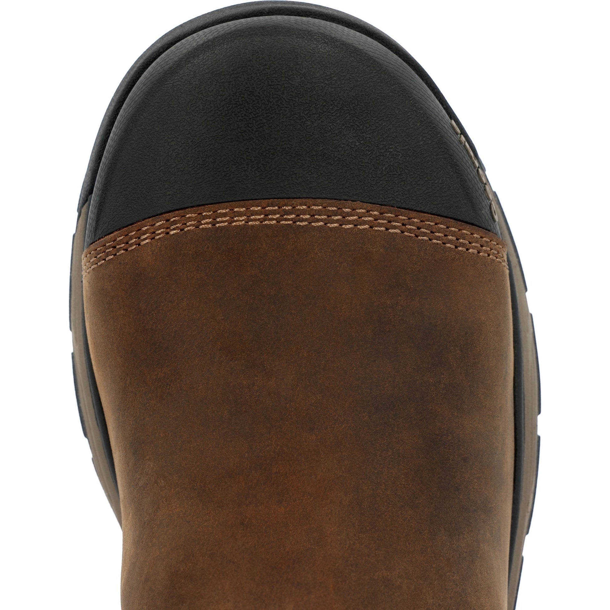 Allen's Bootery brown full-grain leather work boot with a reinforced black alloy safety toe cap