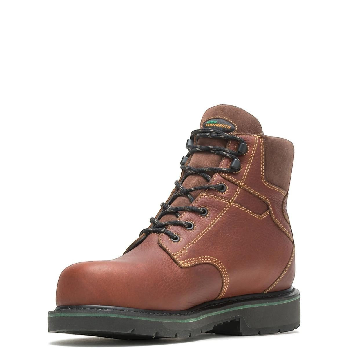 Allen's Bootery brown leather composite toe work boot with black laces and green sole detail.