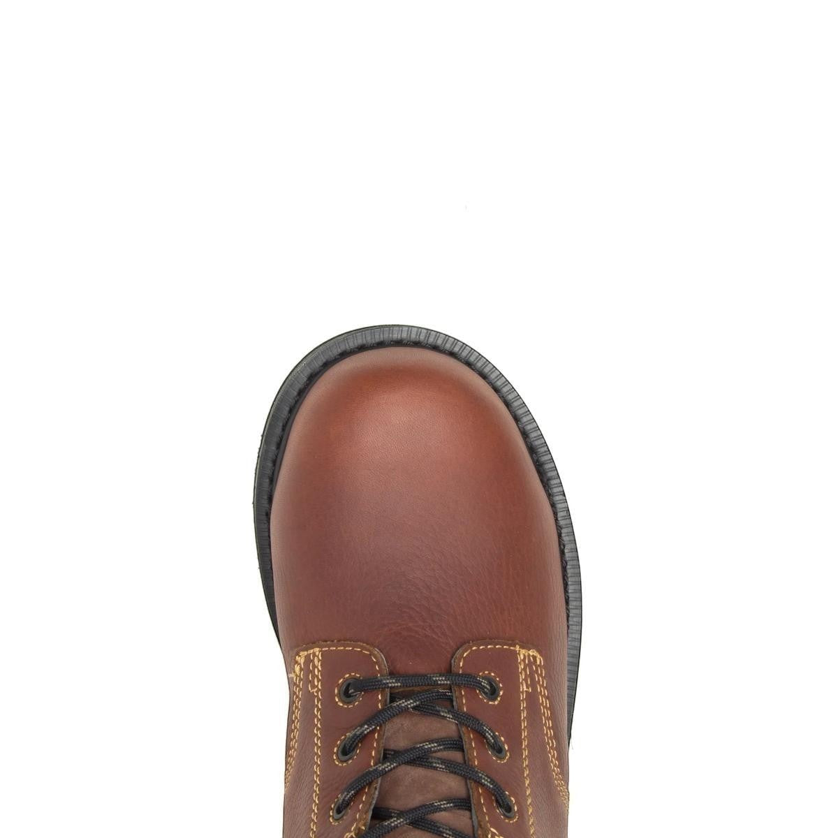 Allen's Bootery brown leather composite toe work boot with black laces and contrast stitching.