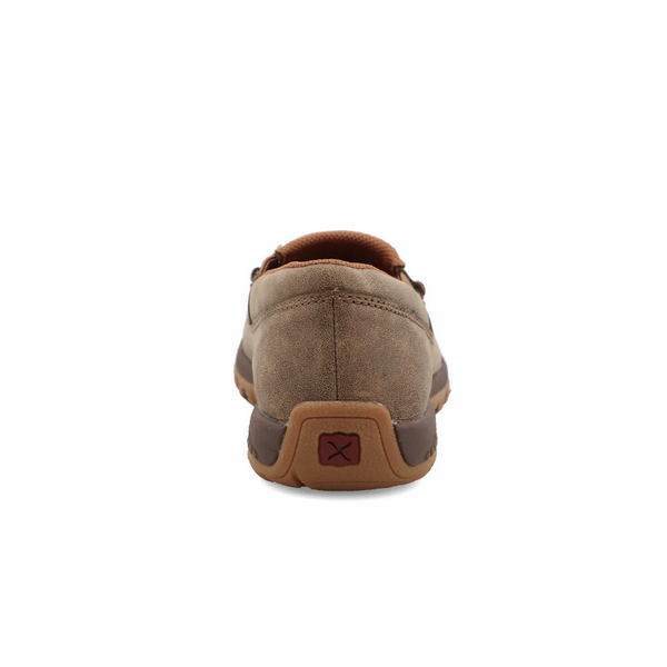 Allen's Bootery brown full-grain leather slip-on driving moc with CellStretch technology and rubber heel detail