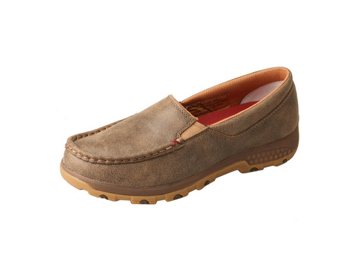 Allen's Bootery brown full-grain leather slip-on driving moc with CellStretch technology and rubber outsole.