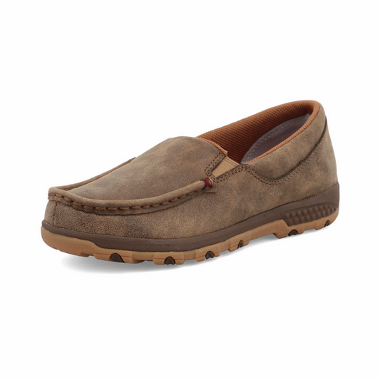 Allen's Bootery brown full-grain leather slip-on driving moc with CellStretch technology and rubber outsole.