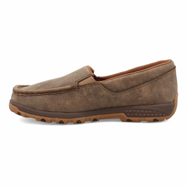 Allen's Bootery brown full-grain leather slip-on driving moc with CellStretch technology and rubber outsole.