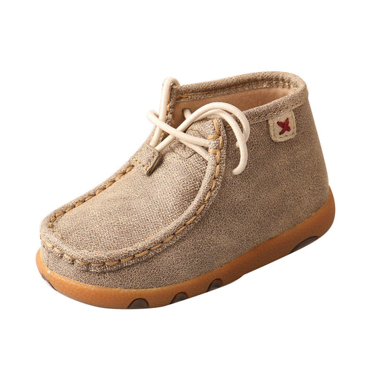 Allen's Bootery brown full-grain leather infant driving moccasin with cream laces and durable rubber outsole
