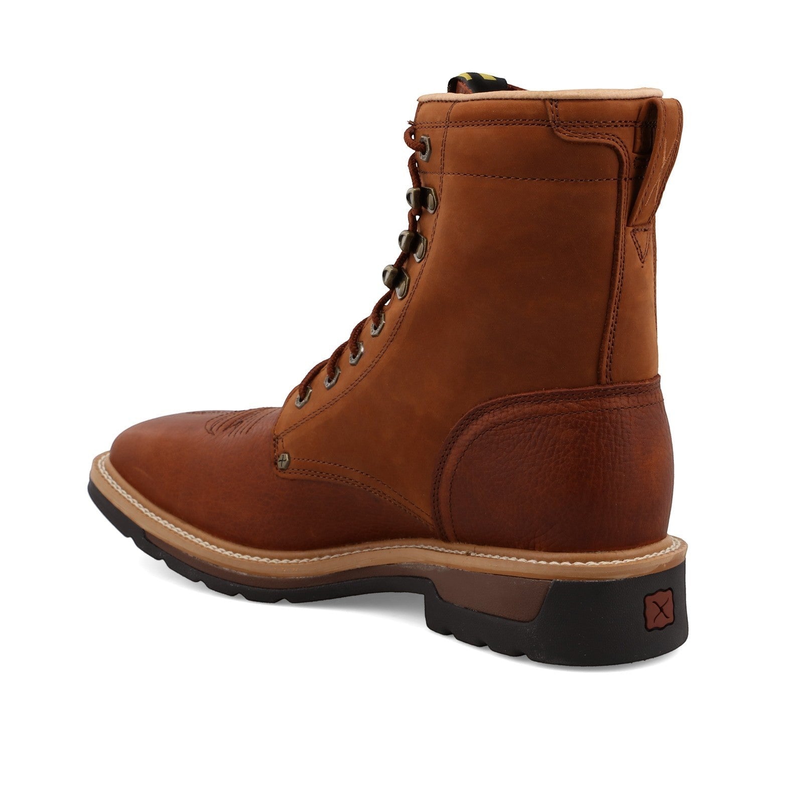 Allen's Bootery brown full-grain leather 8" Lacer Steel Toe work boots with lace-up closure and oil/slip-resistant sole.
