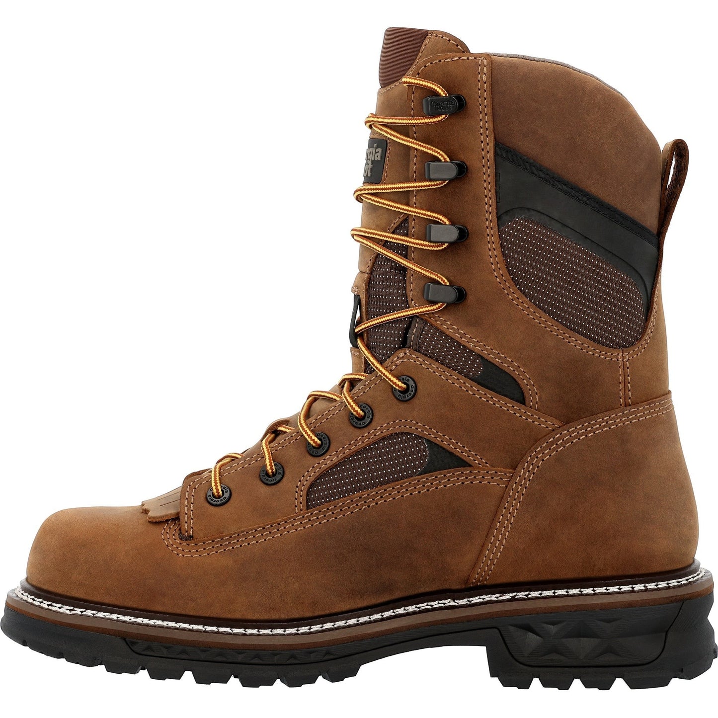 Allen's Bootery brown leather and textile 9-inch composite toe waterproof logger work boot with lace-up closure