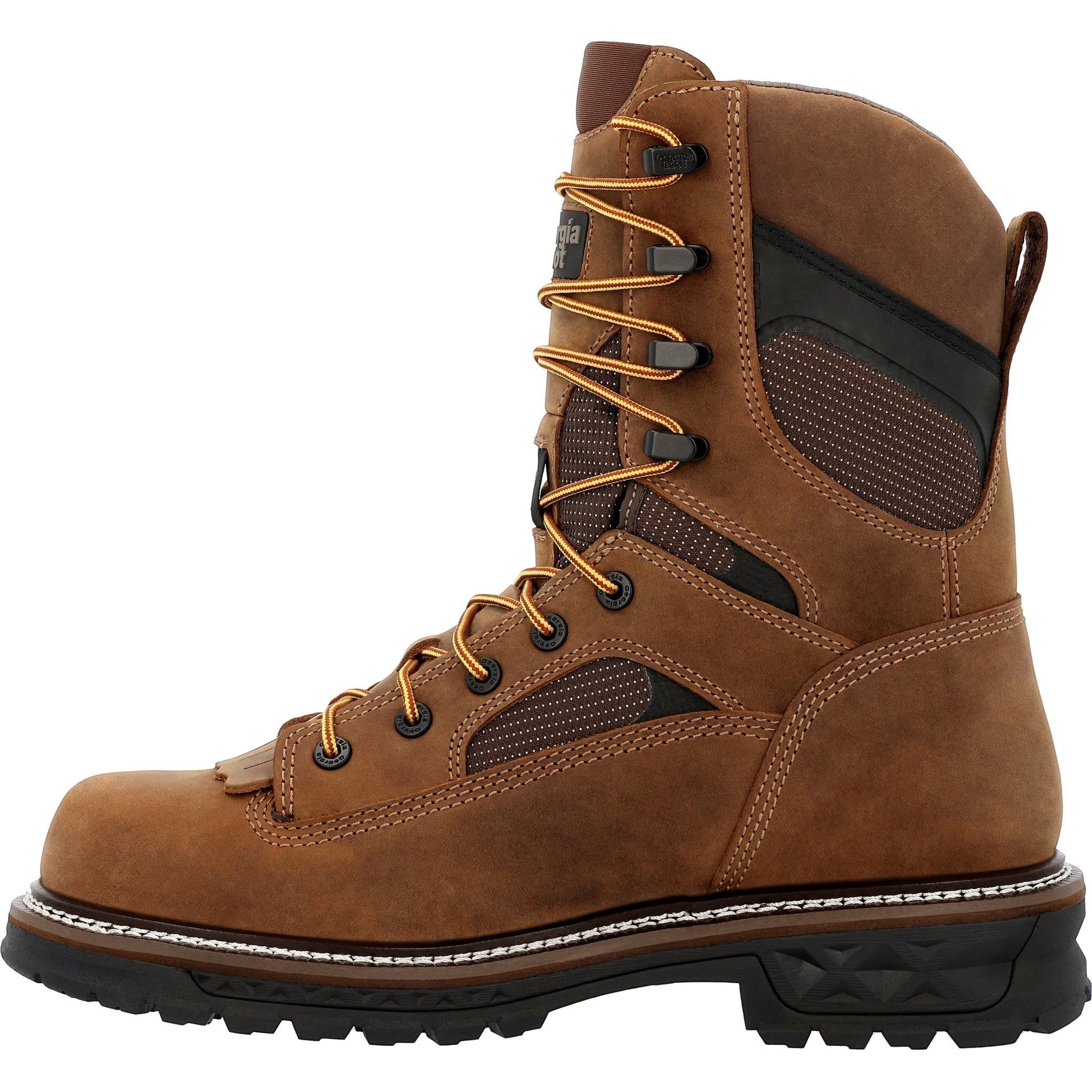 Allen's Bootery brown leather and textile 9-inch composite toe waterproof logger work boot with lace-up closure