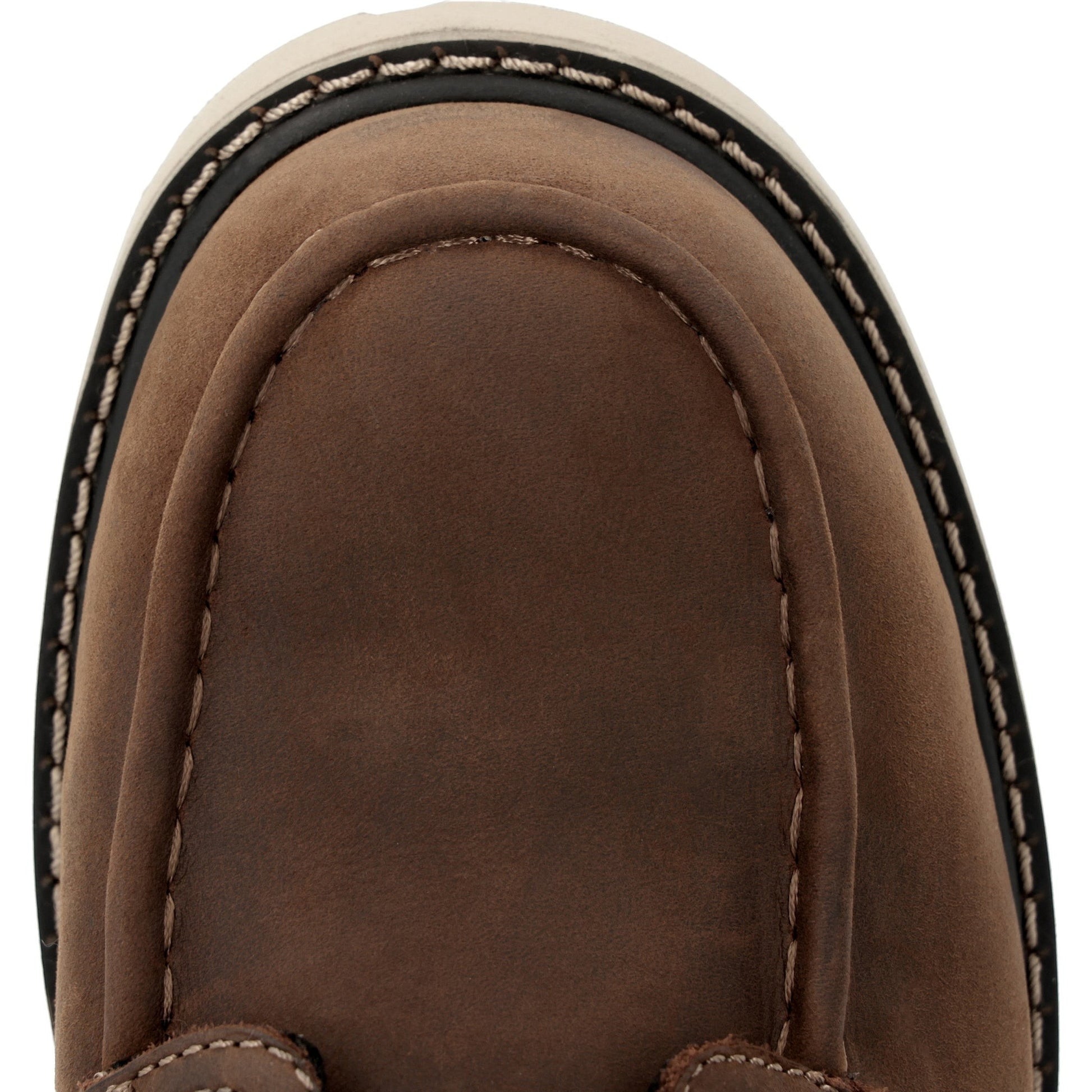 Close-up of the brown leather moc-toe on an Allen's Bootery Carbon Flex work boot with visible contrast stitching.