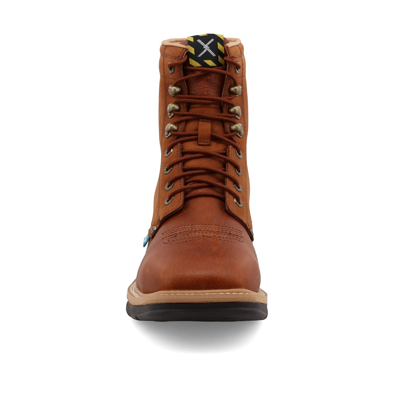 Allen's Bootery brown full-grain leather 8" Lacer Steel Toe work boot with lace-up front and Western stitching.