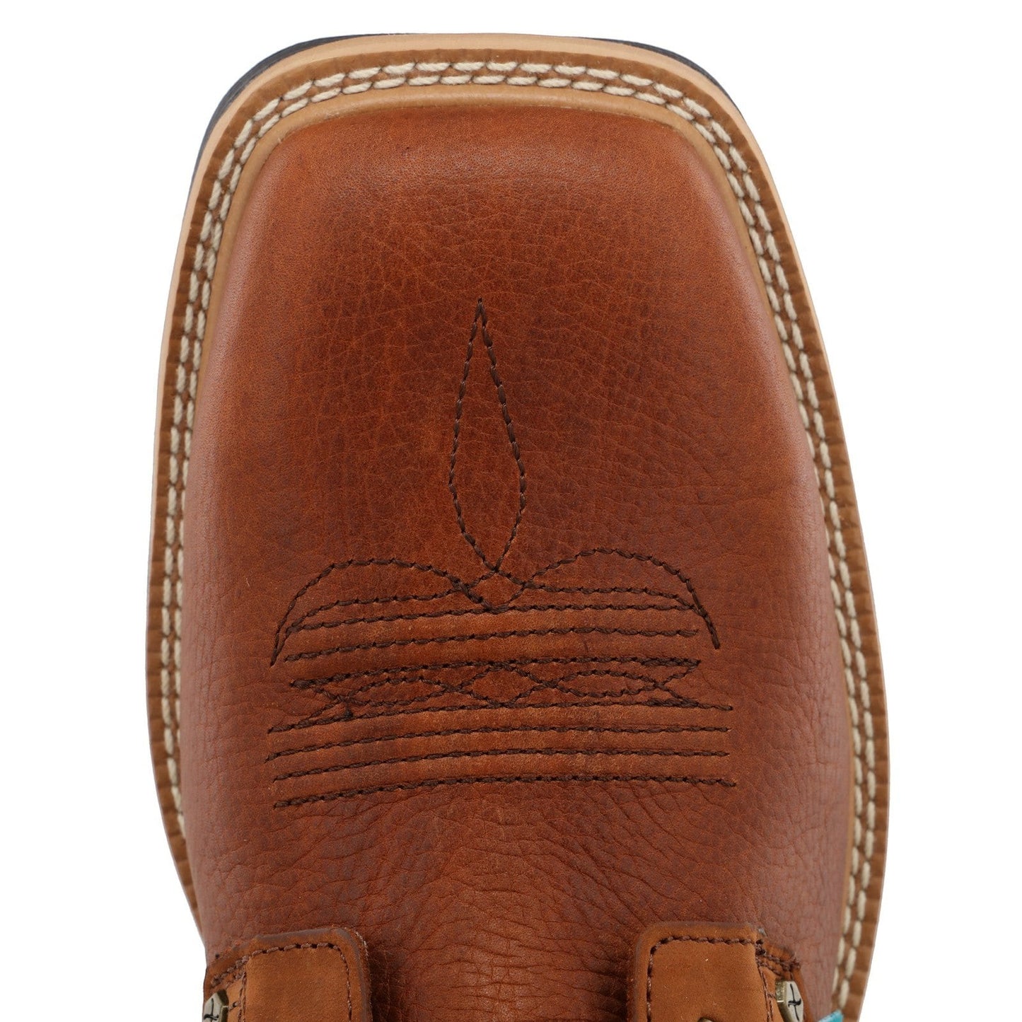 Allen's Bootery brown full-grain leather steel toe western boot with decorative stitching and lace-up closure.