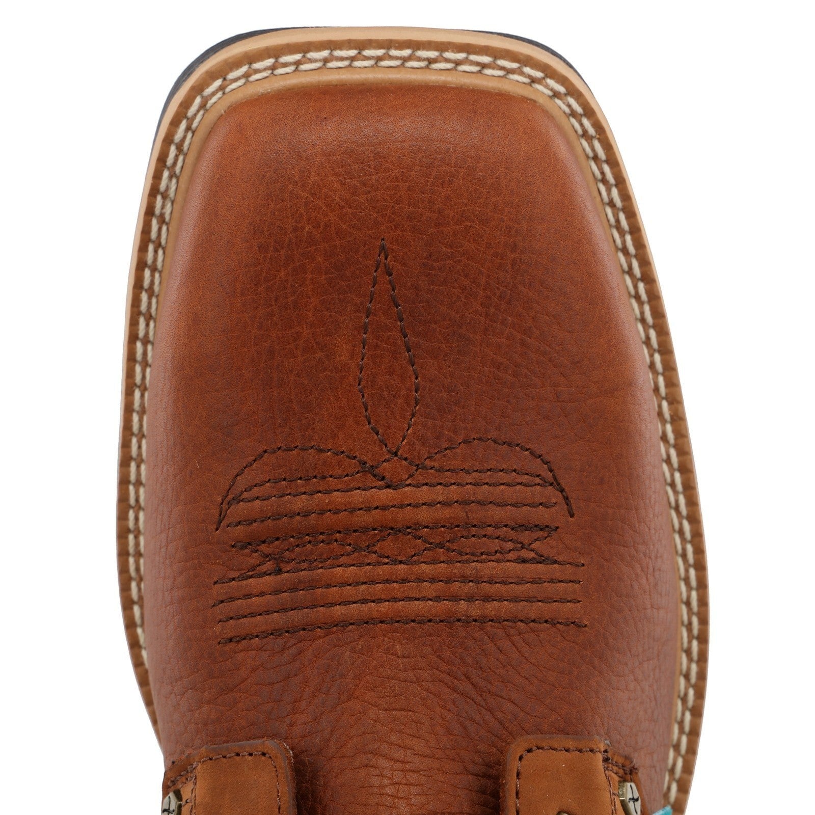 Allen's Bootery brown full-grain leather steel toe western boot with decorative stitching and lace-up closure.