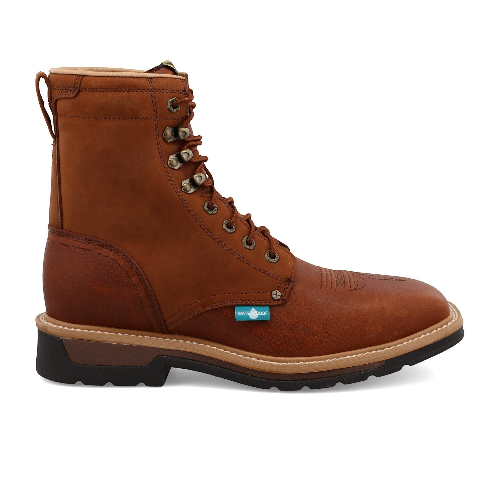 Allen's Bootery brown leather steel toe work boot with waterproof lining and lace-up closure.