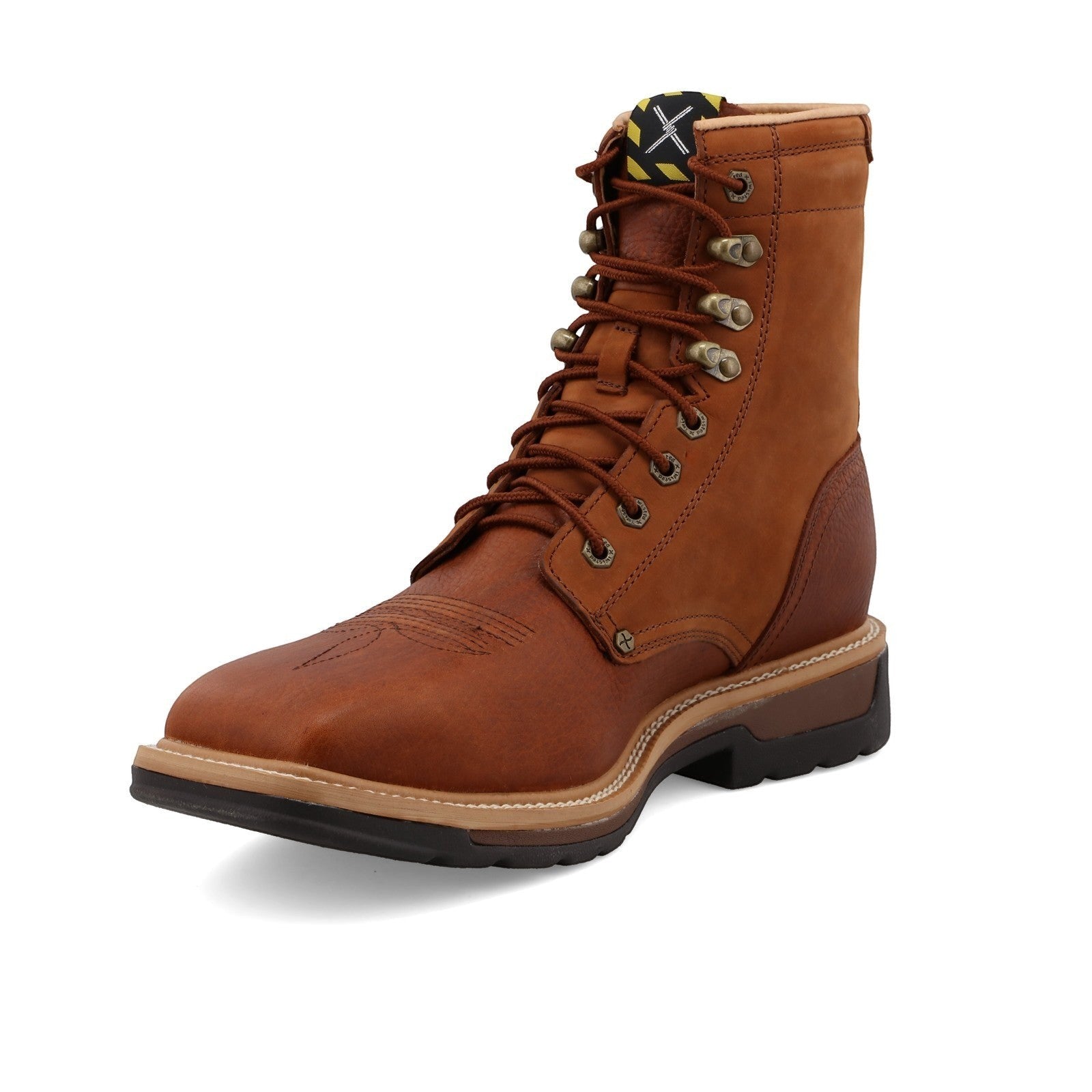 Allen's Bootery brown full-grain leather 8" steel toe work boot with lace-up closure and western stitching.