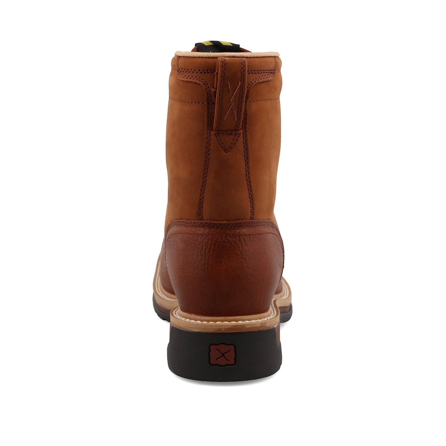 Allen's Bootery brown full-grain leather 8" steel toe work boot with lace-up design and oil/slip-resistant sole.