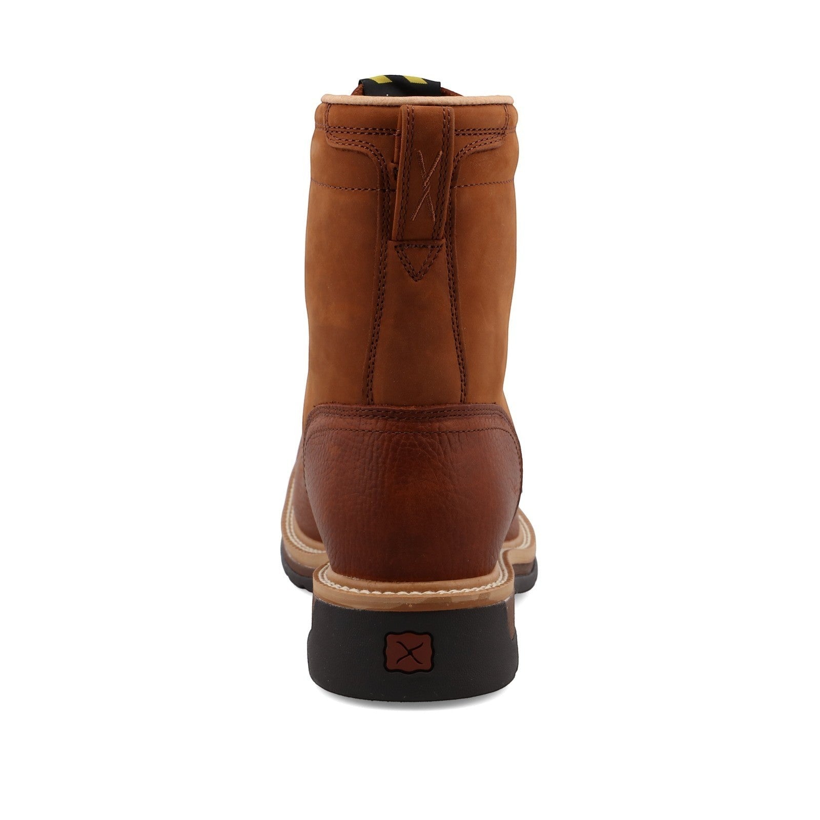 Allen's Bootery brown full-grain leather 8" steel toe work boot with lace-up design and oil/slip-resistant sole.
