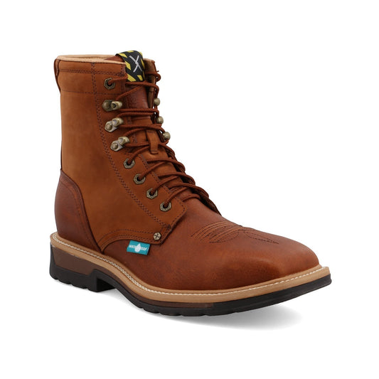 Allen's Bootery brown full-grain leather 8" steel toe work boot with lace-up front and waterproof lining.