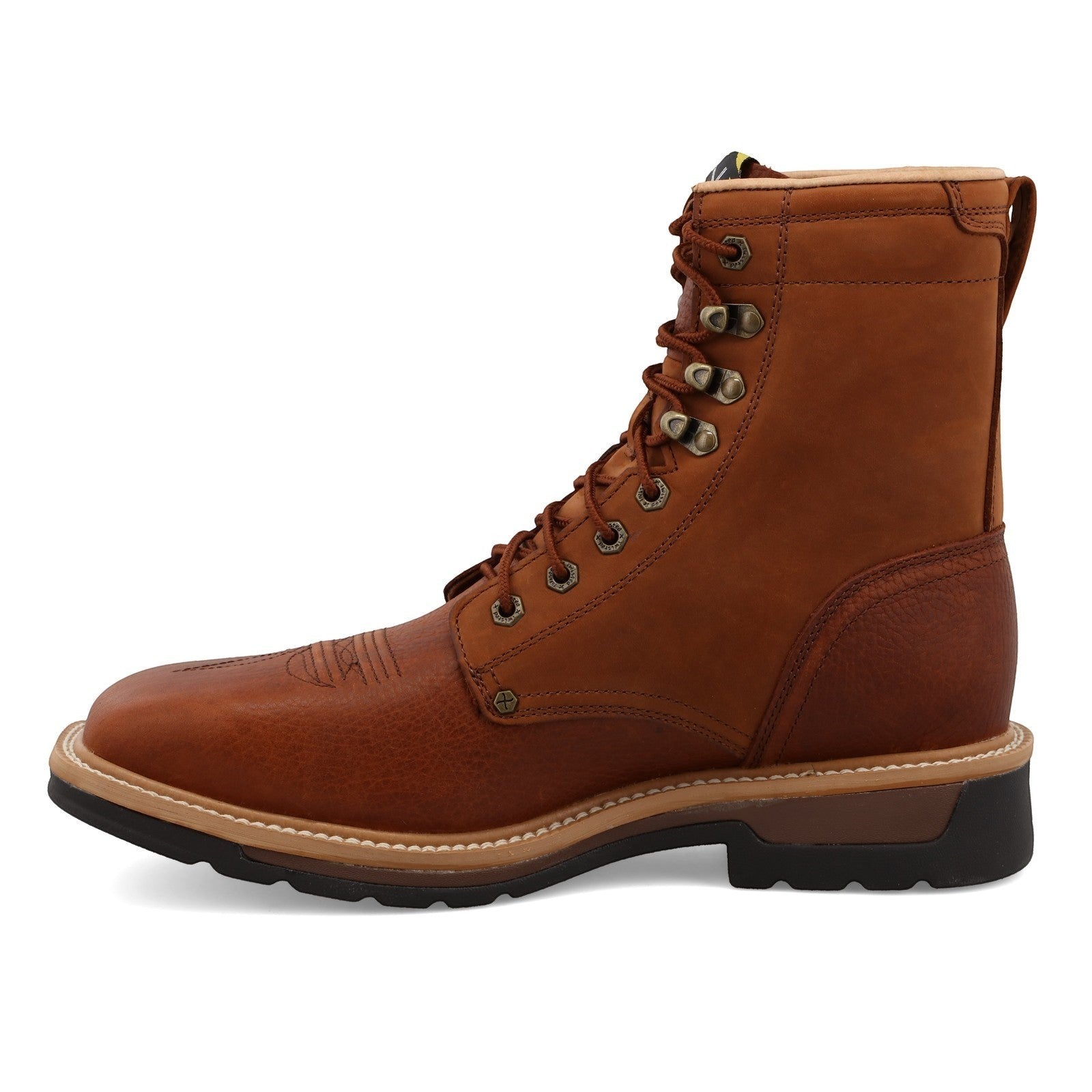 Allen's Bootery brown full-grain leather steel toe work boot with lace-up closure and rubber outsole.