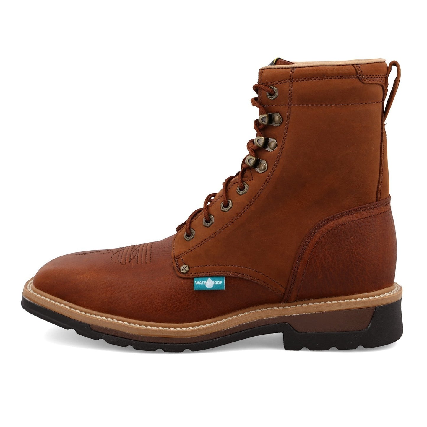 Allen's Bootery brown full-grain leather 8" steel toe work boot with waterproof lining and lace-up closure.