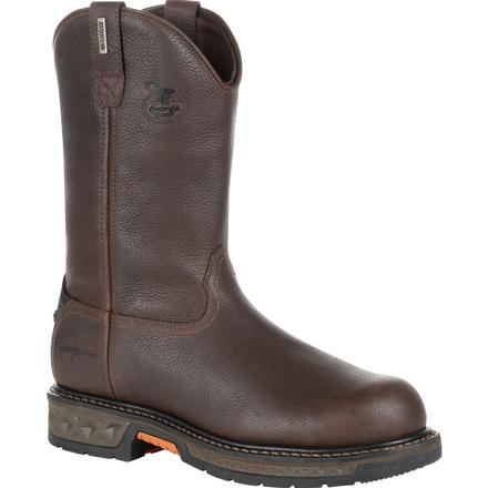 Allen's Bootery Georgia Boot Carbo-Tec LT brown leather waterproof steel toe pull-on work boot with rugged outsole.