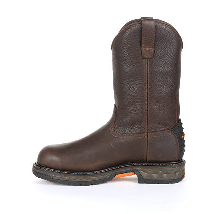 Allen's Bootery brown full-grain leather steel toe waterproof pull-on work boot with heel stabilizer