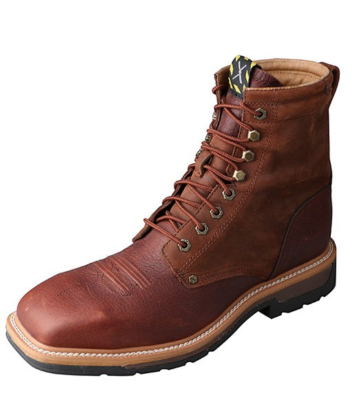 Allen's Bootery brown full-grain leather steel toe work boots with lace-up front and square toe.